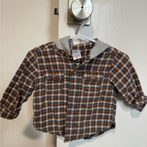 Carters 9m Brown Plaid Button Down Shirt with Hood